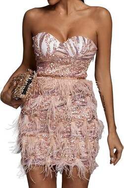 Bella Barnett Strapless Sequin Feather Corset Mini Dress